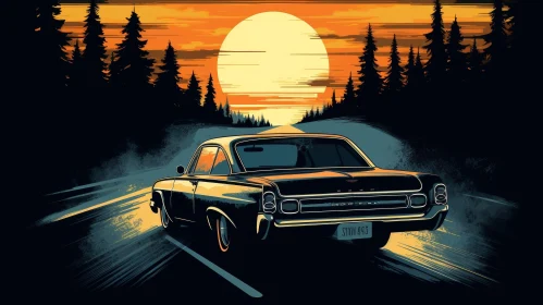 Retro Classic Car Sunset Drive Painting