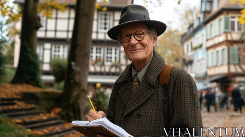 AI ART Senior Man Writing in Notebook on Street - Smiling Portrait