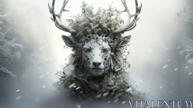 Snowy Forest Deer-Like Creature Digital Painting AI Image