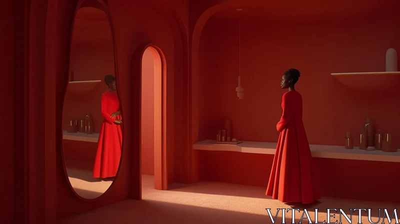 Stunning 3D Rendering of Woman in Red Room | Mirror Reflection AI Image