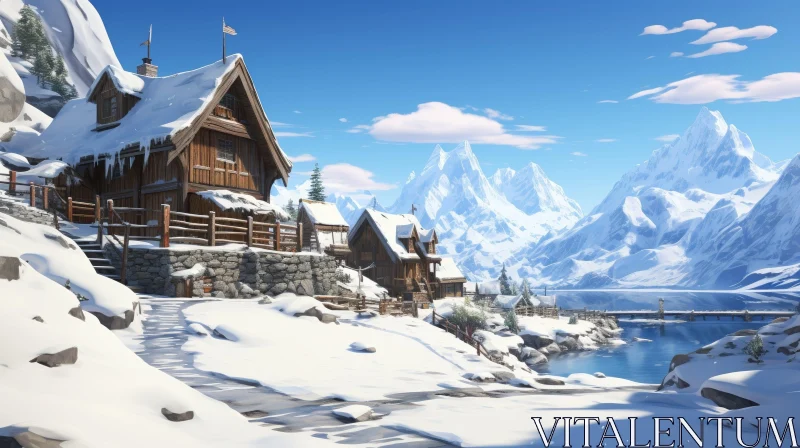 AI ART Tranquil Winter Landscape: Snow-Covered Village in Mountains