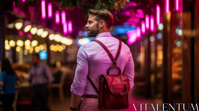 AI ART City Night Scene: Man Walking with Leather Backpack