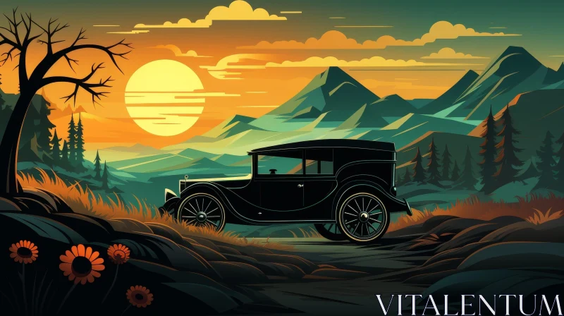 Classic Car Driving Through Mountain Landscape AI Image