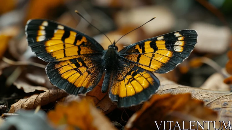 Close-up of a Butterfly with Vibrant Wings on a Bed of Leaves AI Image
