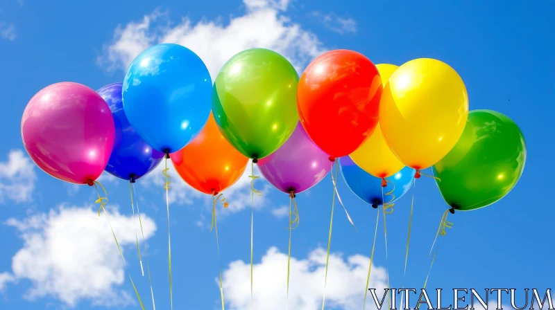 Colorful Balloons Floating in Blue Sky AI Image