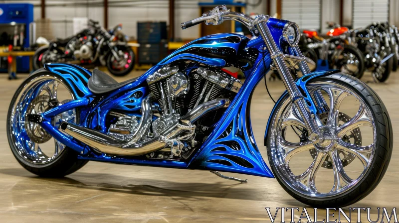 Custom Chopper Motorcycle with Blue and Black Paint Job AI Image