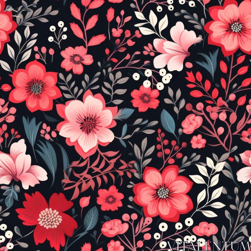 Dark Floral Pattern with Red and Pink Flowers AI Image