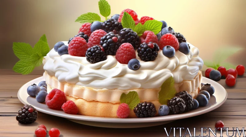Delicious Berry Cake with Mint Leaves on White Plate AI Image