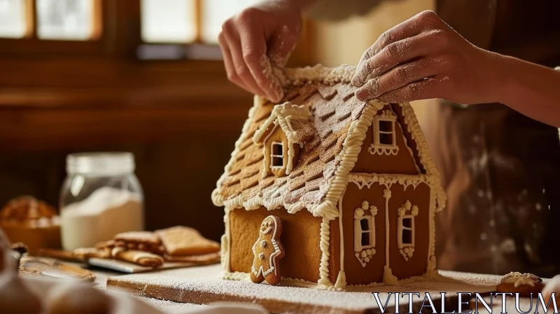 Delightful Gingerbread House Decoration in a Cozy Kitchen AI Image