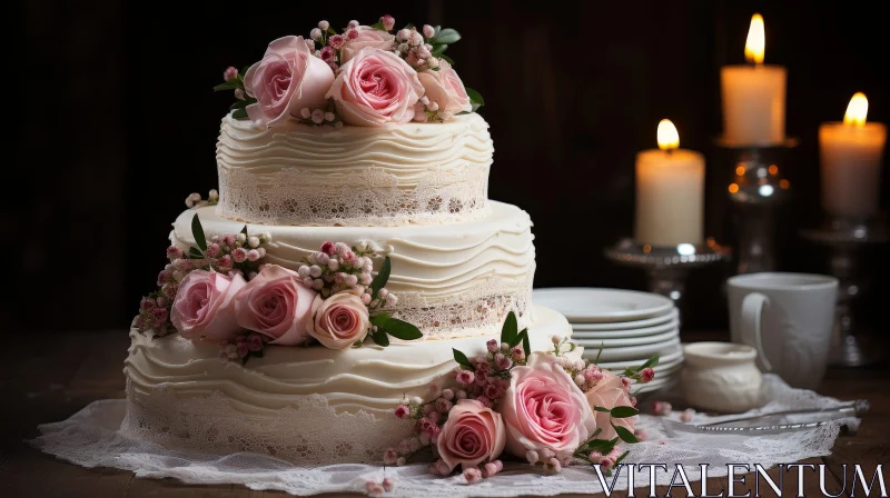 AI ART Elegant Three-Tiered Wedding Cake with Pink Roses and Green Leaves