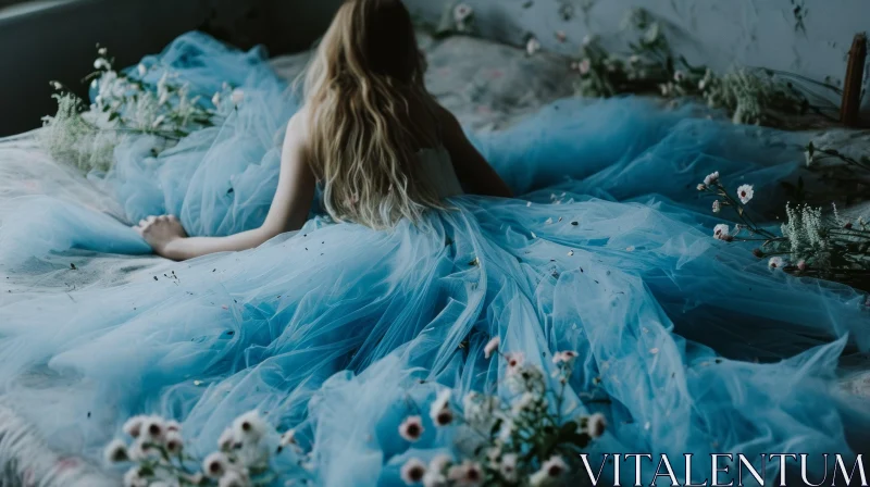 Enchanting Image: Woman in Blue Dress Lying on Bed of Flowers AI Image