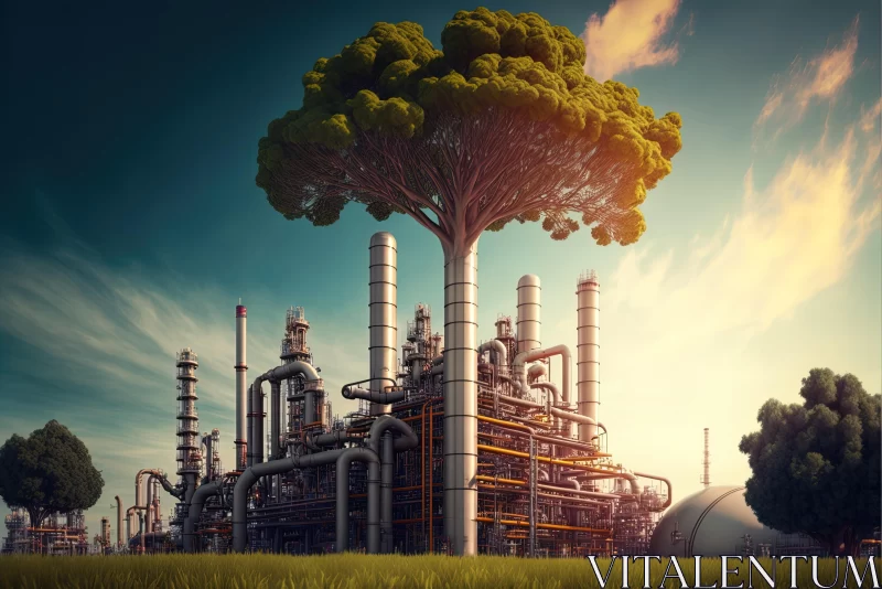 Industrial Oil Refinery Plant and Majestic Tree in Field | Afrofuturism-inspired Art AI Image
