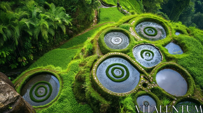 Tranquil Green Landscape with Spiraling Ponds | Nature Art AI Image