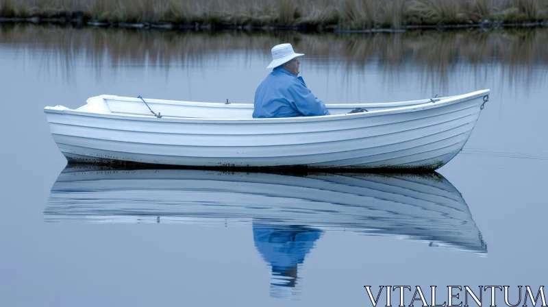 Tranquil Lake Scene with Man in Boat AI Image