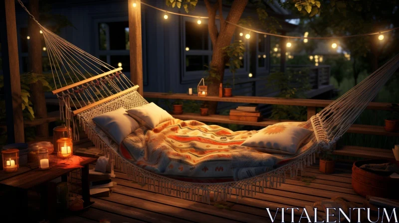 Tranquil Night Scene with Hammock on Wooden Porch AI Image