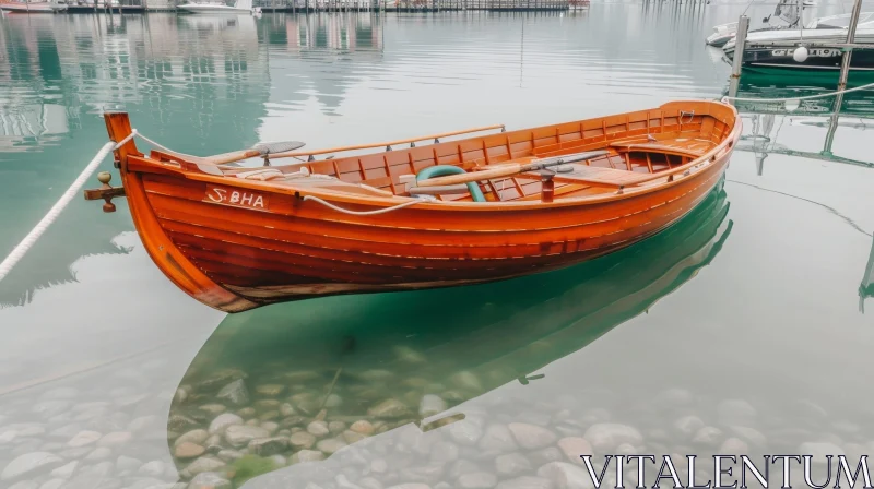 AI ART Tranquil Wooden Rowboat on Calm Lake