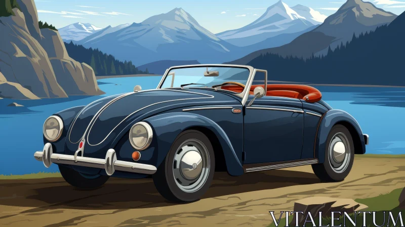 Vintage Car Parked by Lake and Mountains AI Image