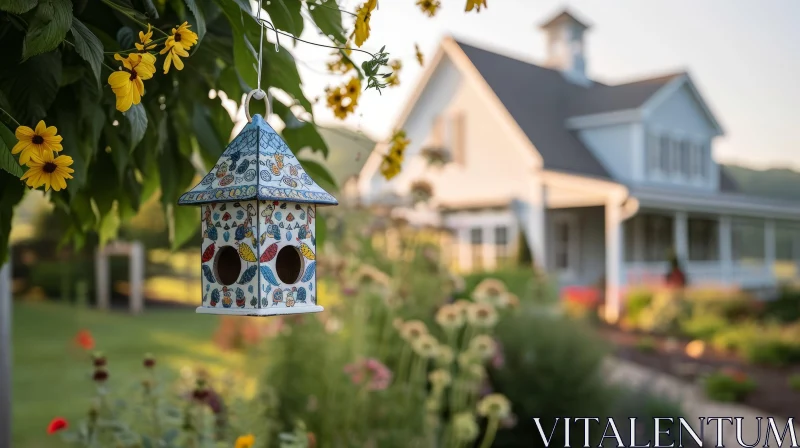 Birdhouse Hanging in a Colorful Garden | Ceramic Decor AI Image