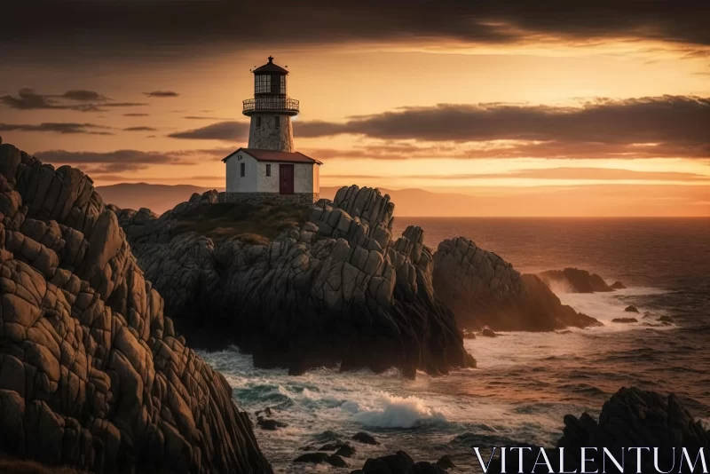 Captivating Sunset: A Majestic Lighthouse on a Rocky Beach AI Image
