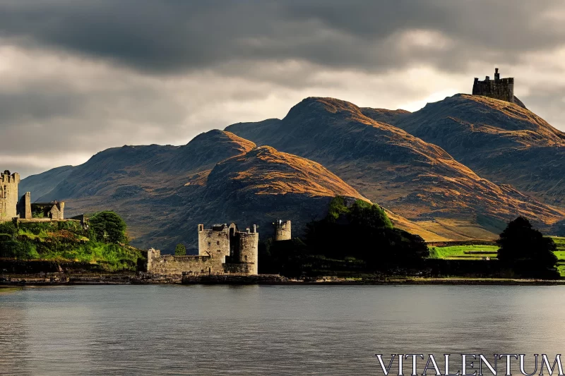 Castle on the Edge of Loch Gilbert: Dramatic Light and Shadow AI Image