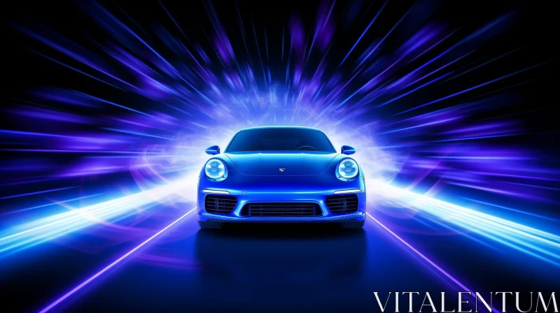 AI ART Dark Blue Sports Car Driving Through Tunnel of Light