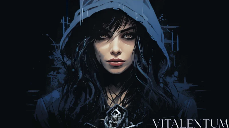 Dark Portrait of a Young Woman in Blue Hood AI Image