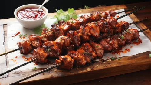 Delicious Barbecued Meat Skewers on Wooden Plate