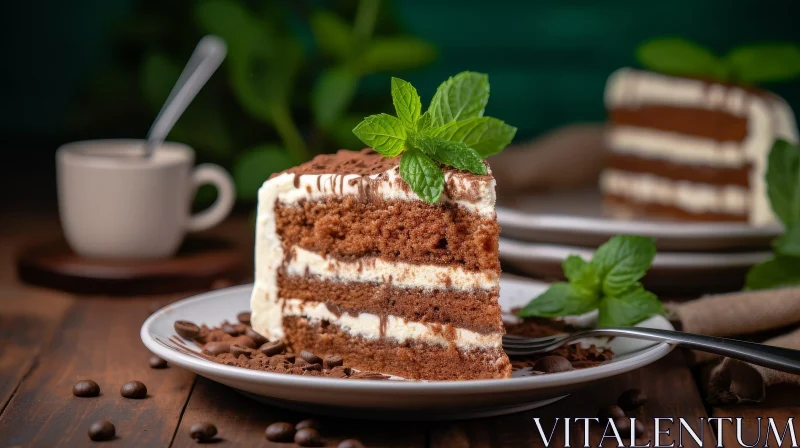 Delicious Tiramisu Cake Slice on Plate AI Image