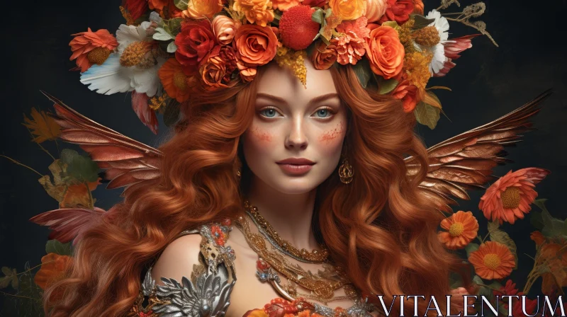 Enchanting Portrait of a Red-Haired Woman with Flowers and Butterfly Wings AI Image