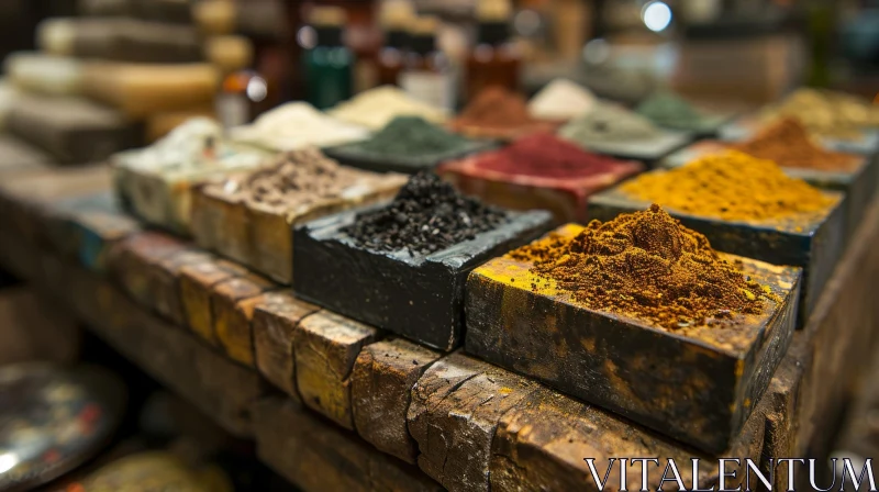 Exquisite Collection of Vibrant Spices in Wooden Containers AI Image