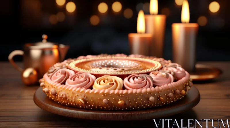 Exquisite Rose-Decorated Cake on Wooden Table AI Image