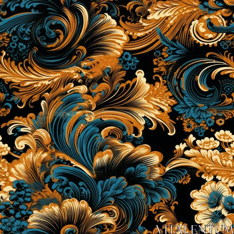 AI ART Golden Blue Floral Pattern - Traditional Russian Folk Art