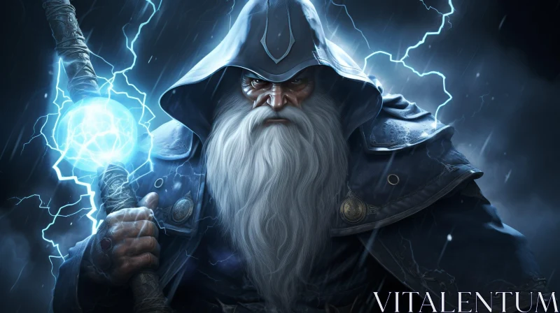 Male Wizard Digital Painting in Dark Stormy Setting AI Image