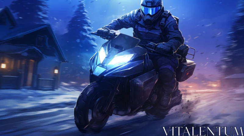 Man Riding Motorcycle in Snowy Forest - Action Scene AI Image