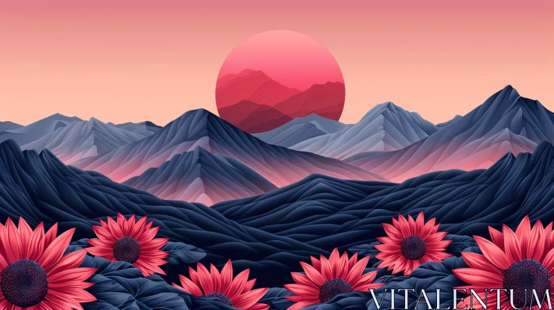 Mountain Sunset with Red Sunflowers AI Image