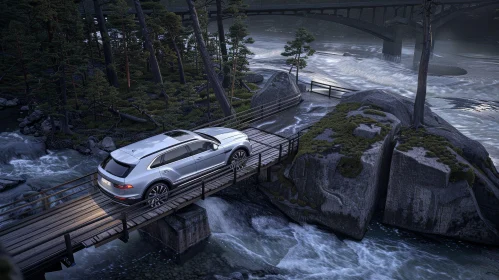 Silver Bentley Bentayga SUV Crossing Wooden Bridge in Forest