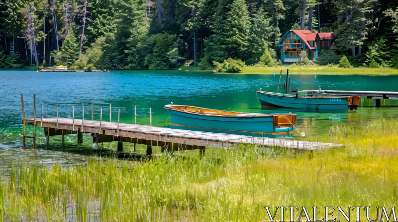 Tranquil Lake Scene with Wooden Dock AI Image