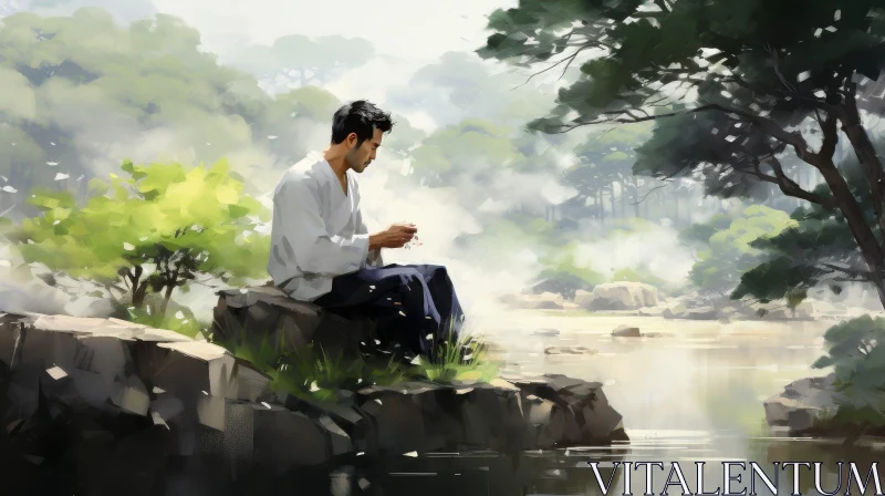 Tranquil Nature Painting: Man in White Kimono Meditating by River AI Image