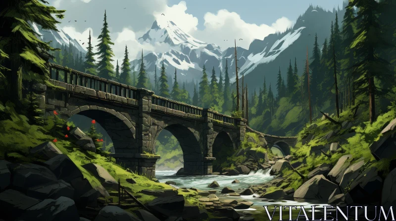 Tranquil Stone Bridge Landscape in Forest with River and Mountain AI Image