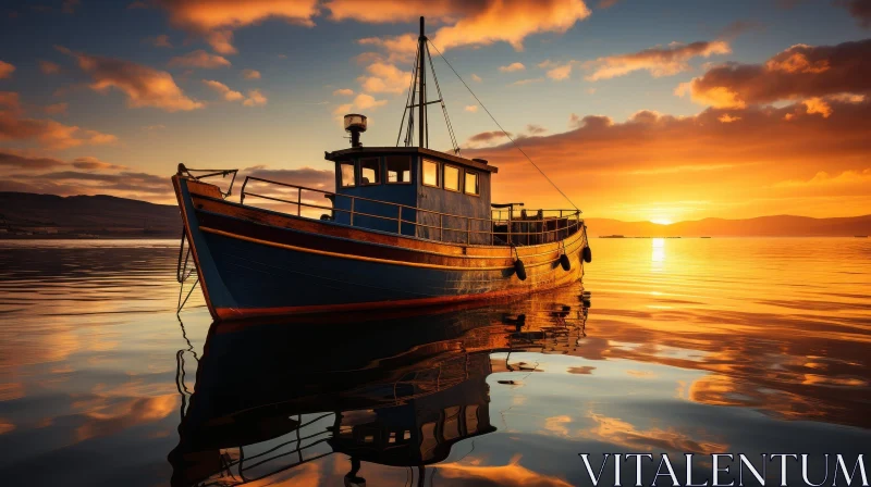 Tranquil Sunset: Fishing Boat in Calm Sea AI Image