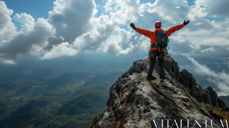 Triumphant Male Rock Climber on Mountain Summit AI Image