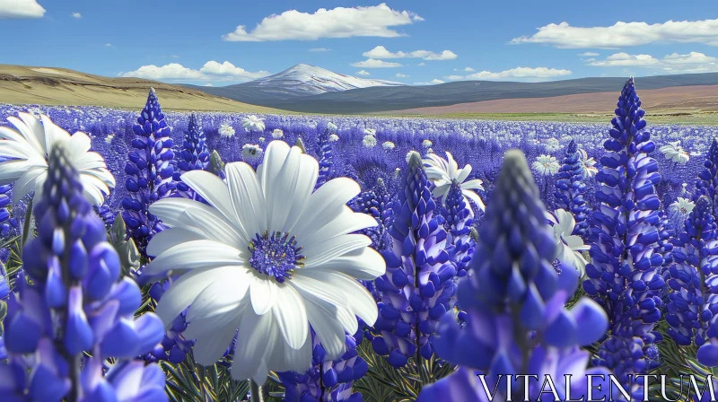 Vibrant Field of Flowers with Snow-Capped Mountain - Nature Landscape AI Image