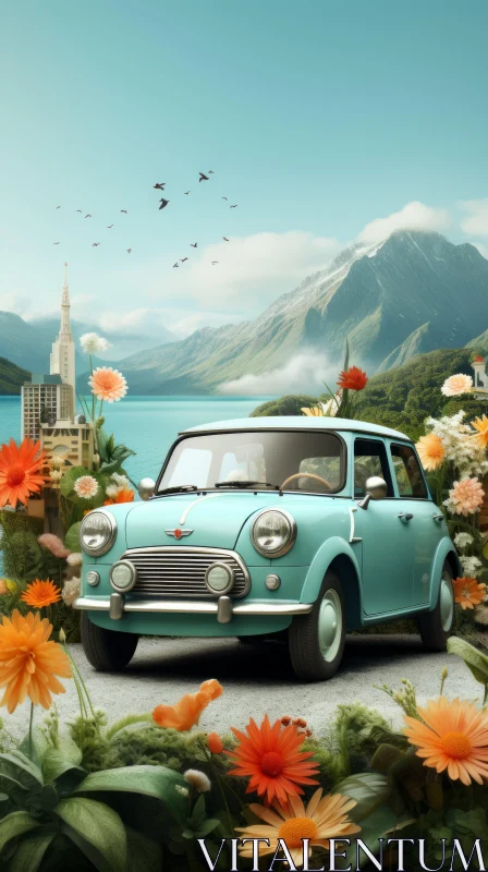 Vintage Car amidst Floral Splendor - Swiss Realism and Romantic Riverscapes AI Image