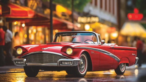 Vintage Red Ford Fairlane 500 Skyliner on Wet City Street