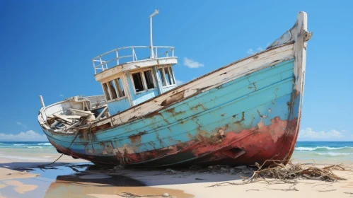 Abandoned Wooden Fishing Boat on Sandy Beach