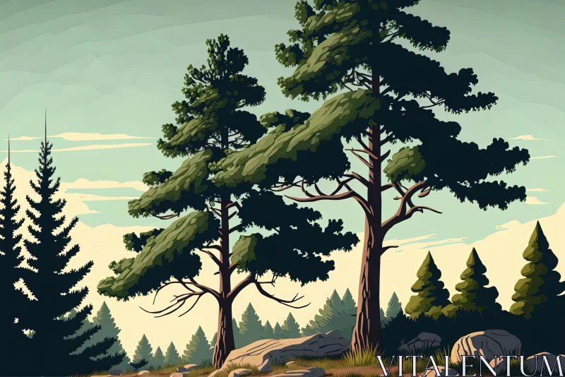 Captivating Woodland Scene: Hyper-Detailed Illustration of Pine Trees AI Image