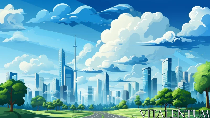 Cityscape Digital Painting with Sunshine and Trees AI Image