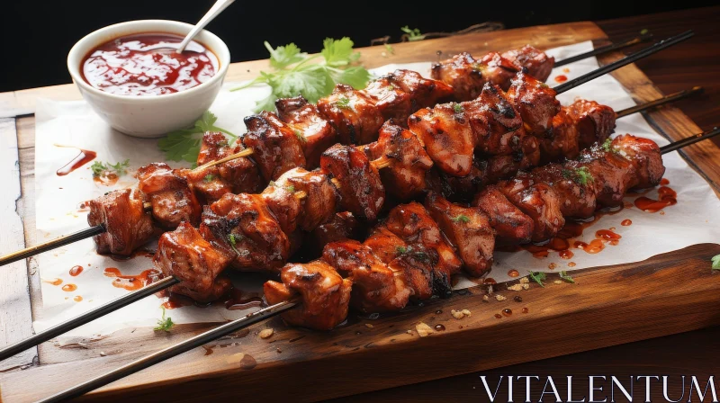 Delicious Barbecued Meat Skewers on Wooden Plate AI Image