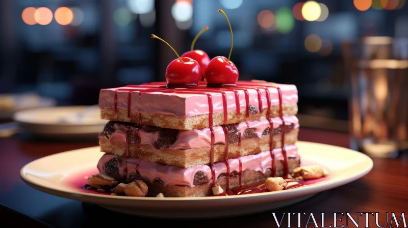 Delicious Three-Layer Sponge Cake Dessert with Cherries and Nuts AI Image