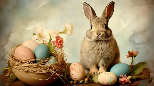 Easter Bunny with Easter Eggs - Vintage-Influenced Still Life